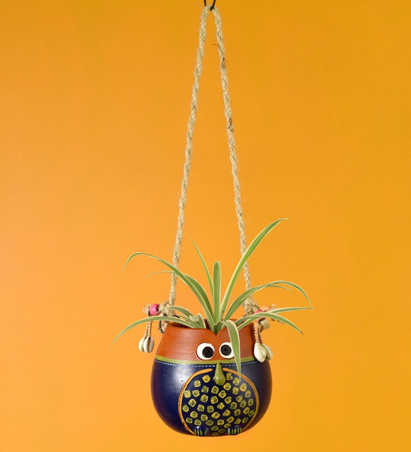 Buy Blue Owl Earthen NA Hanging Planter with Stand by Aakriti Art