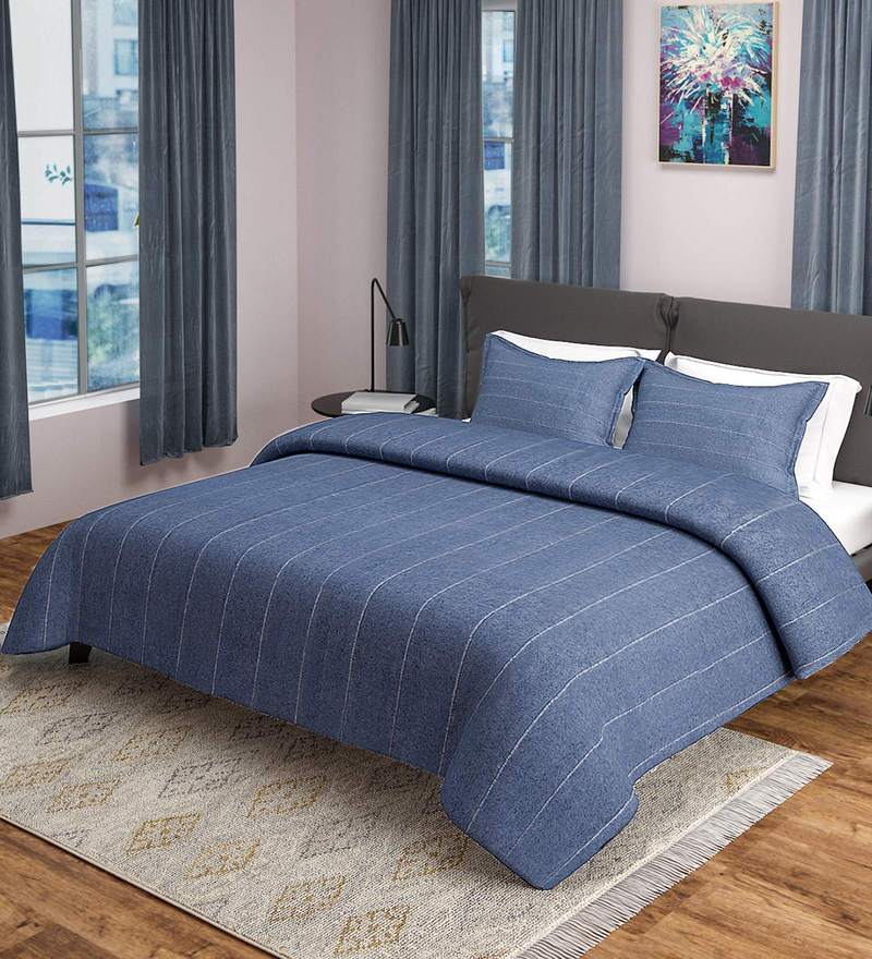 Buy Blue Solid 500 TC Poly Cotton Double Bed Cover with 2 Pillow Covers