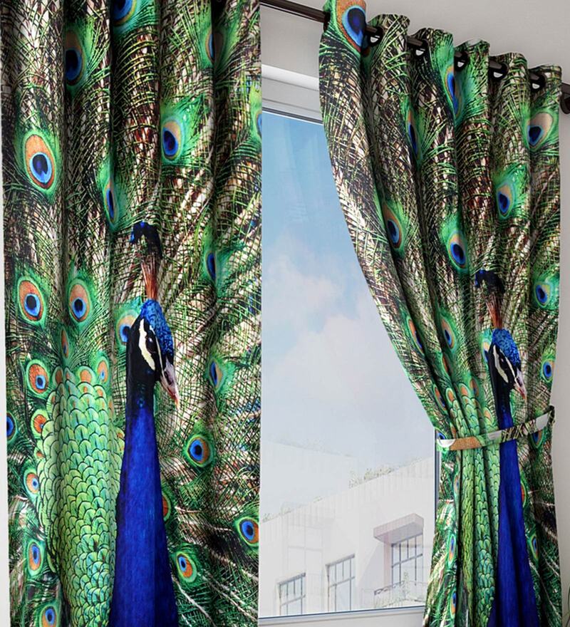 Buy Blue Abstract Polyester 5 Ft Semisheer Eyelet Window Curtains (Set of 2) by Home Sizzler