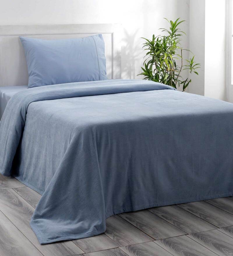 Buy Blue Solid 110 TC Cotton Single Bed Cover by Maspar Online Solid Bed Covers