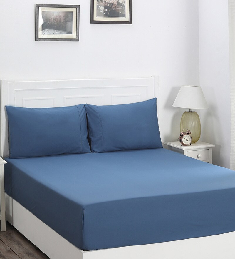 Buy Blue Solid 200 TC Cotton Queen Bedsheet With 2 Pillow Covers by