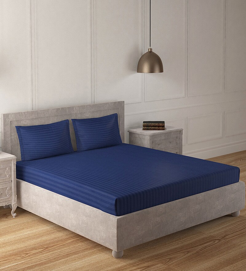 Buy Blue Solid 210 Tc 100 Cotton King Size Fitted Bedsheet With 2
