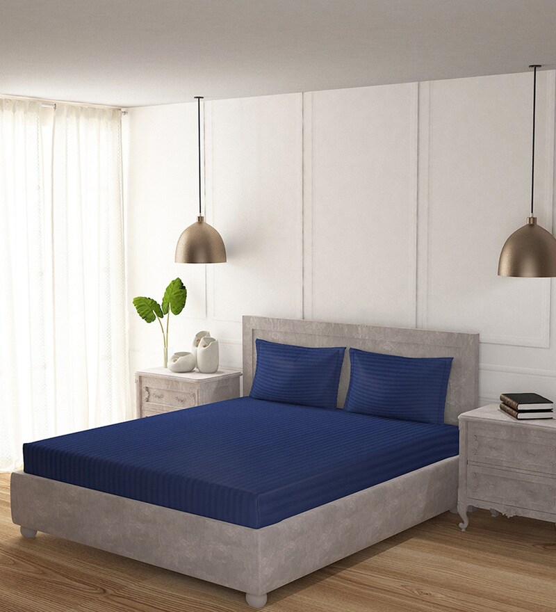 Buy Blue Solid 210 Tc 100 Cotton King Size Fitted Bedsheet With 2