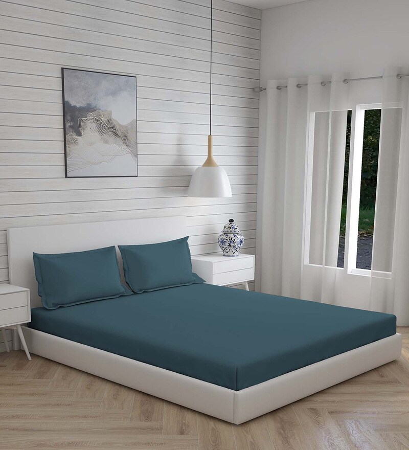 Buy Blue Solid 300 TC Cotton King Sized Bedsheet With 2 Pillow Covers