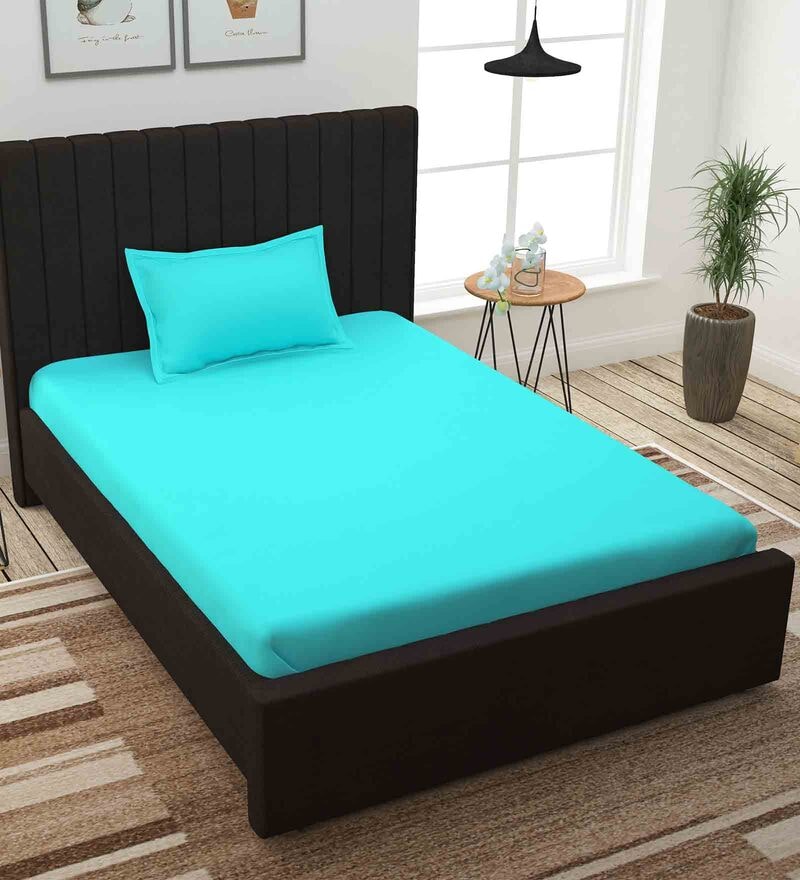 Buy Blue Solid 300 TC 100 Cotton Single Bed Sized Bed Sheets With 1