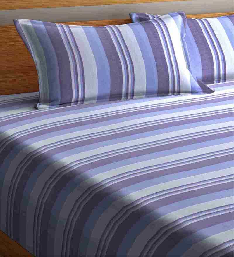 Buy Blue Striped 300 TC Cotton 1 King Sized Double Bedcover With 2