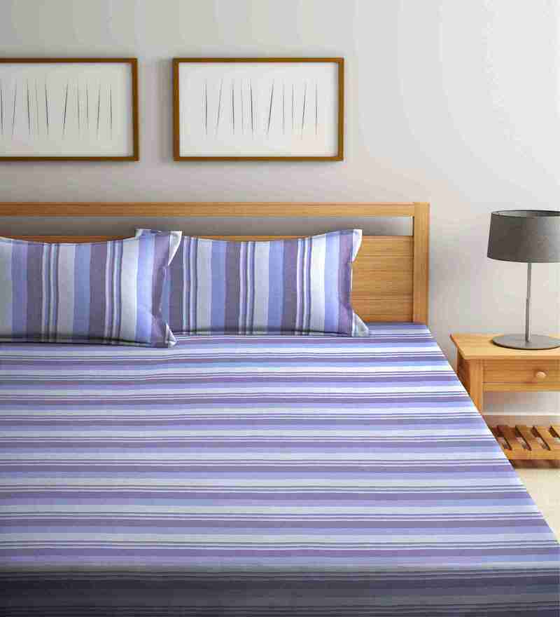 Buy Blue Striped 300 TC Cotton 1 King Sized Double Bedcover With 2