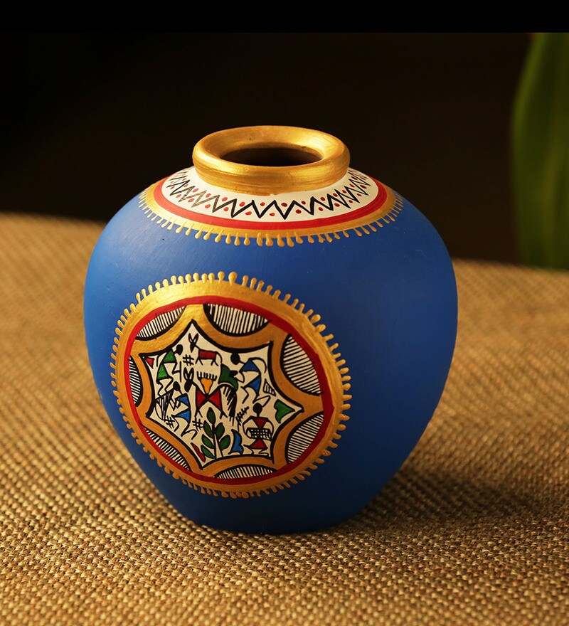 Buy Blue Hand Painted Warli Matki Terracotta Vase by Exclusivelane