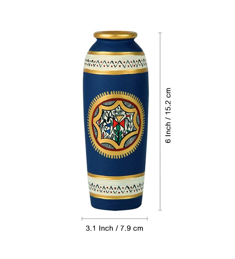 Buy Blue Terracotta Handpainted Warli Tapered Shaped Vase by