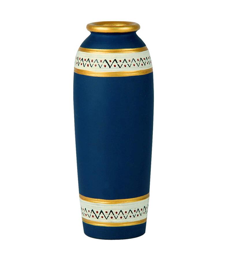 Buy Blue Terracotta Handpainted Warli Tapered Shaped Vase by
