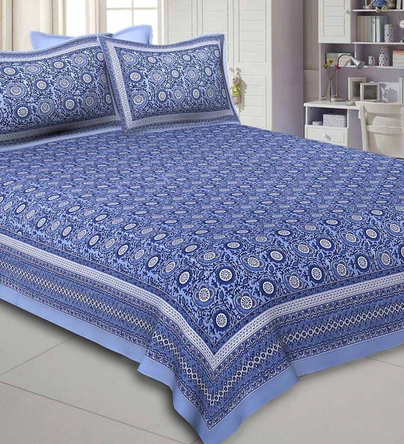 Buy Blue Traditional TC 240 Cotton Double Bed Sheet With 2 Pillow