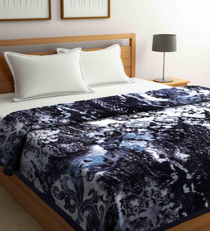 Buy Blue Wool Abstract 1000 GSM Heavy Winter Double Bed Blanket by