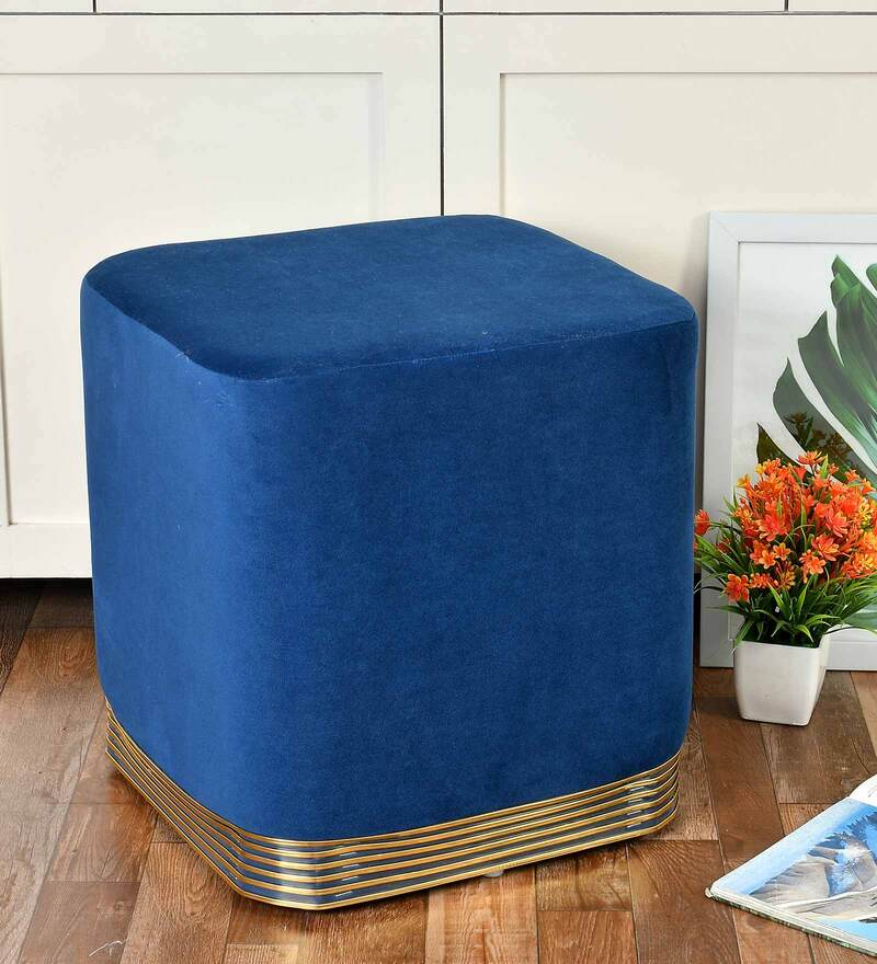 Buy Blueberry Fabric Pouffe in Navy Blue Colour by Riance Creations Online Pouffes Pouffes