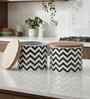 Black & White Chevron Printed Metal Airtight Containers With Wooden Lids Set Of 2