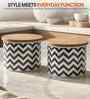 Black & White Chevron Printed Metal Airtight Containers With Wooden Lids Set Of 2