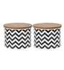 Black & White Chevron Printed Metal Airtight Containers With Wooden Lids Set Of 2