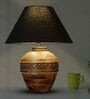 Black Cotton Fabric Shade Cromwell Large Natural Carved Wood Table Lamp With Brown Base
