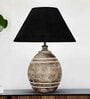Black Cotton Fabric Shade Lavery mini natural carved wood table lamp with White Base