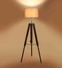 Frappe Black Cotton Shade Tripod Floor Lamp With Teak wood Base