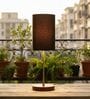 Black Cylinder Fabric Shade Table Lamp, Brown Wooden Base Bedside & Desk Light for Bedroom, Living Room & Home Decor