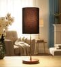 Black Cylinder Fabric Shade Table Lamp, Brown Wooden Base Bedside & Desk Light for Bedroom, Living Room & Home Decor