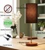 Black Cylinder Fabric Shade Table Lamp, Brown Wooden Base Bedside & Desk Light for Bedroom, Living Room & Home Decor