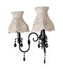 Black Double Wall Sconce with Green Embroidered Scalloped Shades and Crystals