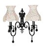 Black Double Wall Sconce with Green Embroidered Scalloped Shades and Crystals
