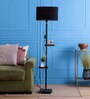 Contemporary Black Fabric Shade Shelf Floor Lamp With Wood Base