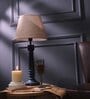 Gothic E27 Holder Wooden Base Table Lamp (Blue Base) with Fabric Shade (Beige)