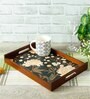 Black Flower Brown Teak Wood & MDF Serving Tray Reinvention factory