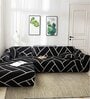 Black Geometric Viscose and Polyester (3 + Lounge) L-Shaped Stretchable Chaise Sofa Covers