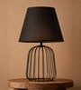 Black Metal Cage Table Lamp With Cotton Fabric Shade   Minimalist Home Lighting