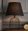 Black Metal Cage Table Lamp With Cotton Fabric Shade   Minimalist Home Lighting