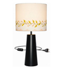Black Metal Table Lamp with Leaf Printed Drum Shade