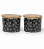 Black Paisley Printed Metal Airtight Containers With Wooden Lids Set Of 2