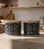 Black Paisley Printed Metal Airtight Containers With Wooden Lids Set Of 2