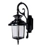Black Victorian Outdoor Wall Sconce with Scrolling Arm and Beveled Glass