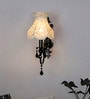 Black Wall Sconce with Green Embroidered Scalloped Shade and Crystals