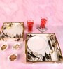 Black White & Gold MDF Wood Border Flower (Set of 2) Serving Tray