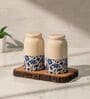 Set of 2 Bloom & Bark Salt & Pepper Set Ceramic Shakers with Acacia Wood Stand
