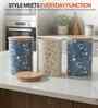 Blue & Cream Floral Printed Metal Airtight Containers With Wooden Lids Set Of 3