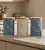 Blue & Cream Floral Printed Metal Airtight Containers With Wooden Lids Set Of 3