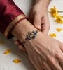 Blue & Gold Handmade Twin Peacock Rakhi With Blue Enamel, Crystal Stones, Gold Beads & Premium Cotton Thread