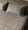 Blue & Mustard 144TC Cotton Flat Super King Bedsheet with 2 Pillow Covers