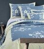 Blue & Off White Floral 250 TC Cotton Quilted Double Bed Cover with 2 Pillow Covers & 2 Cushion Covers with Filler