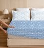 Blue & White Glace Cotton Floral Print Elastic Fitted King Bedsheet With 2 Pillow Covers