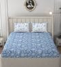 Blue & White Glace Cotton Floral Print Elastic Fitted King Bedsheet With 2 Pillow Covers