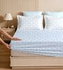Blue & White Glace Cotton Self Design Elastic Fitted King Bedsheet With 2 Pillow Covers