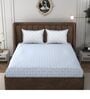 Blue & White Glace Cotton Self Design Elastic Fitted King Bedsheet With 2 Pillow Covers
